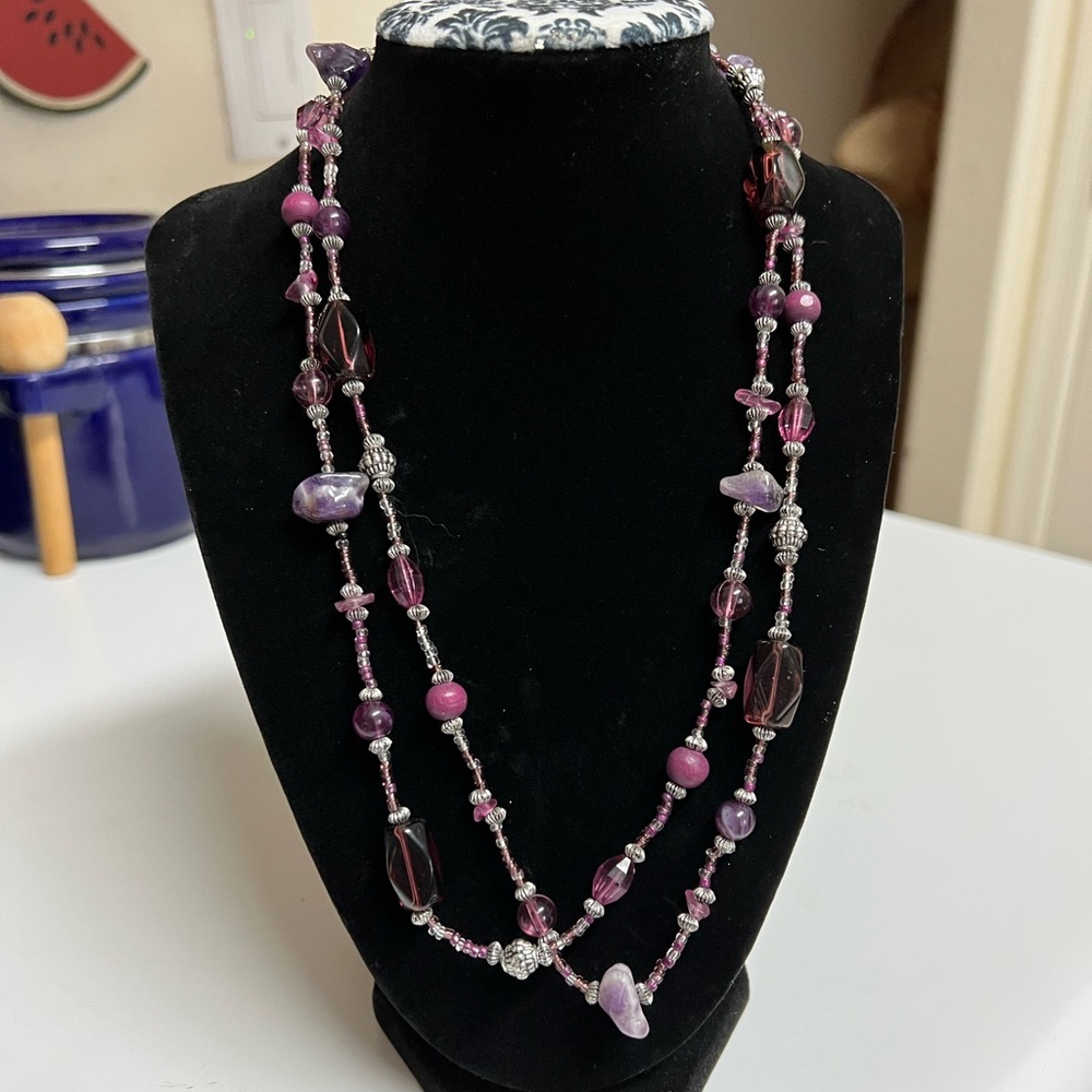 42” Purple and Silver Necklace made of Stone and Bead